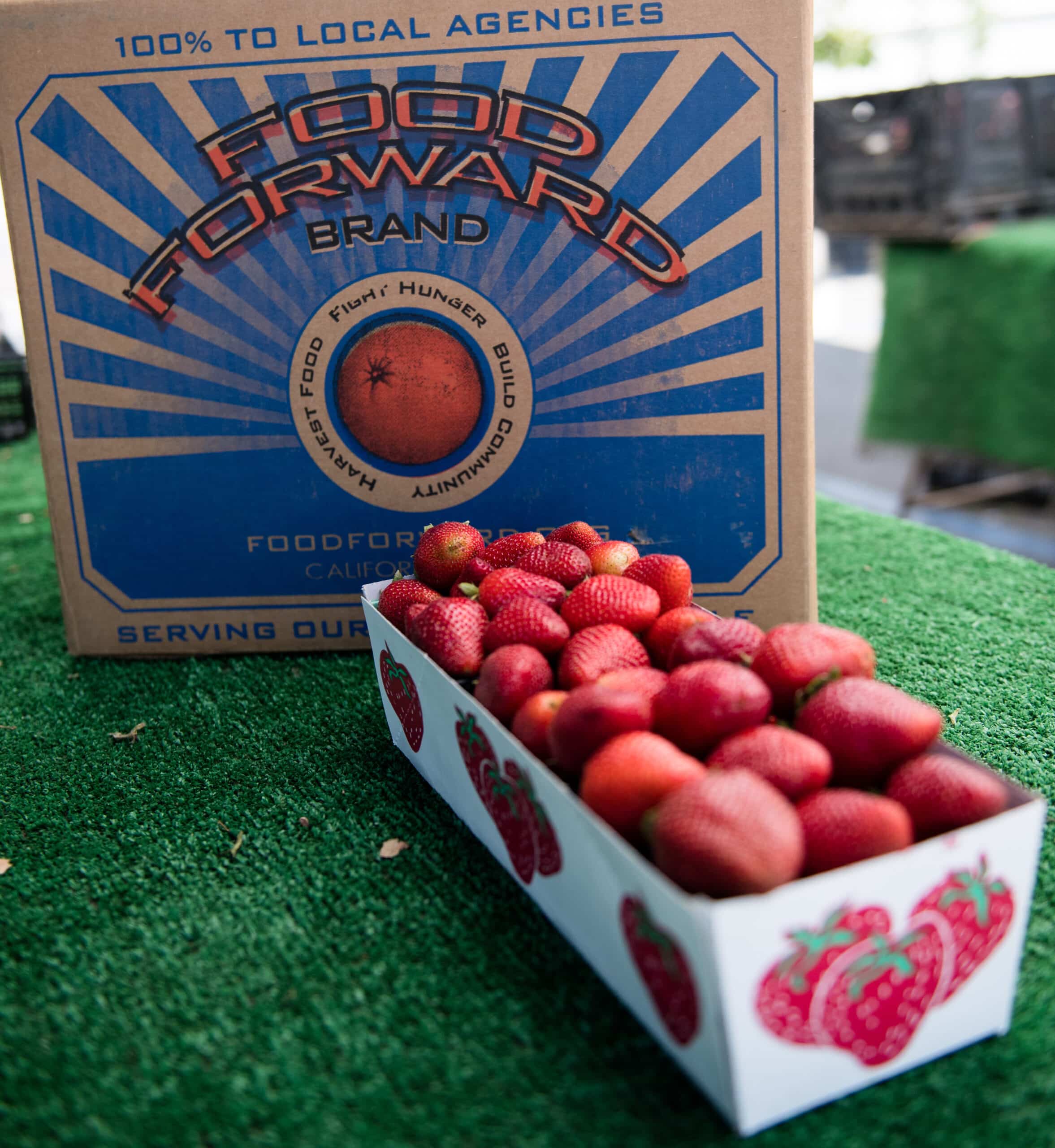 Baskets of strawberries in front of a Food Forward box